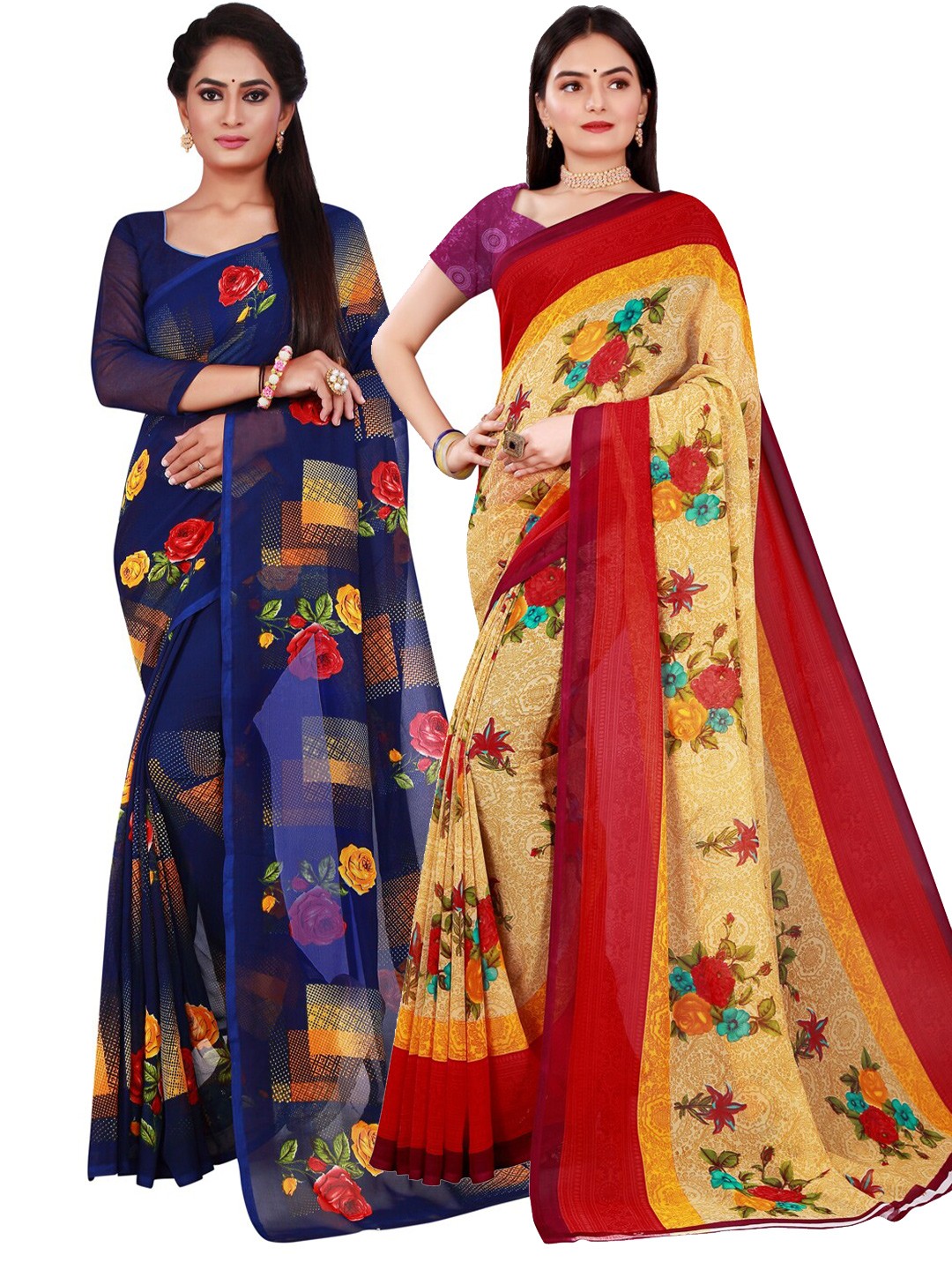 

KALINI Beige & Navy Blue Pure Georgette Saree