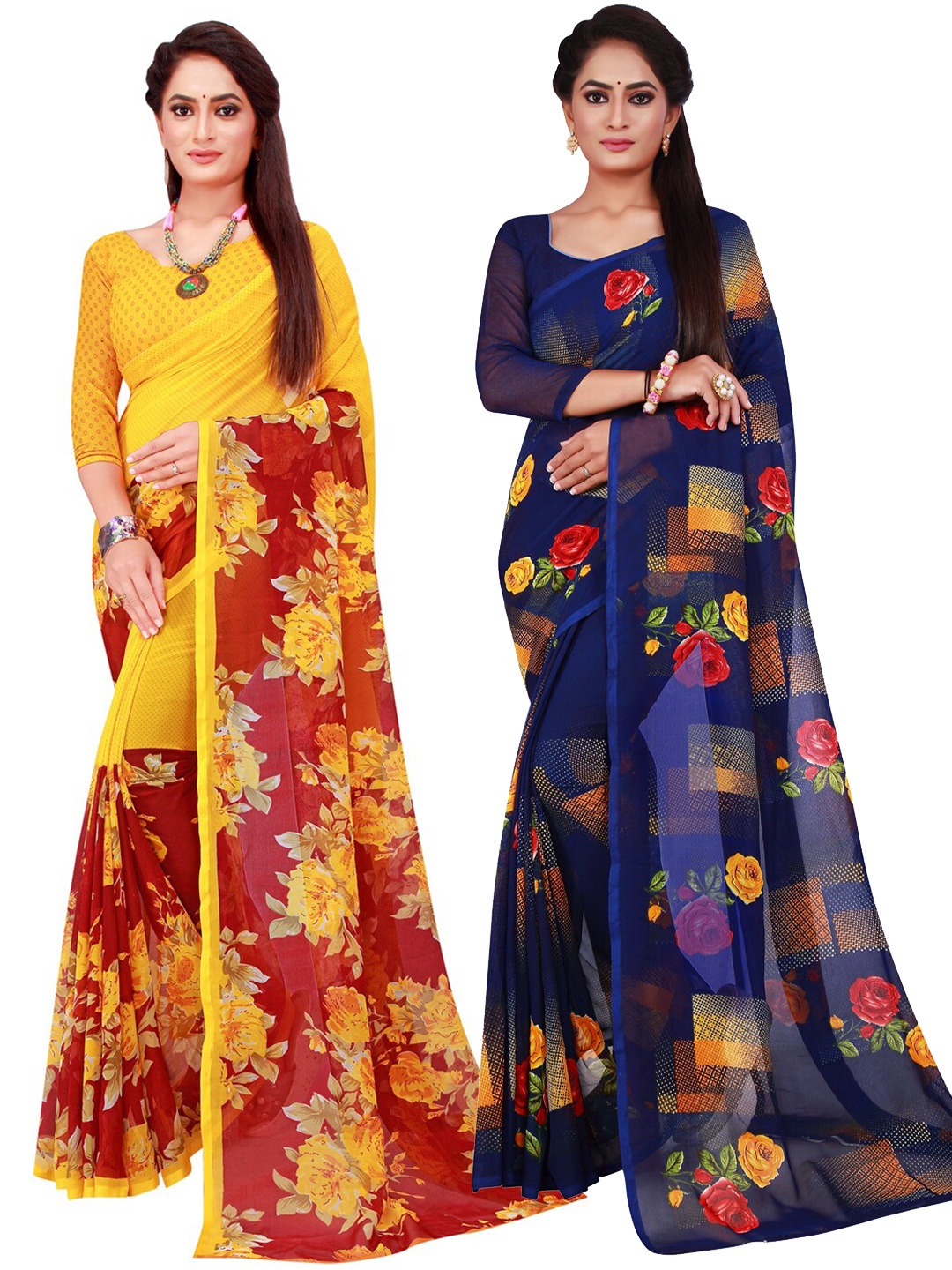 

KALINI Pack of 2 Navy Blue & Mustard Floral Pure Georgette Saree