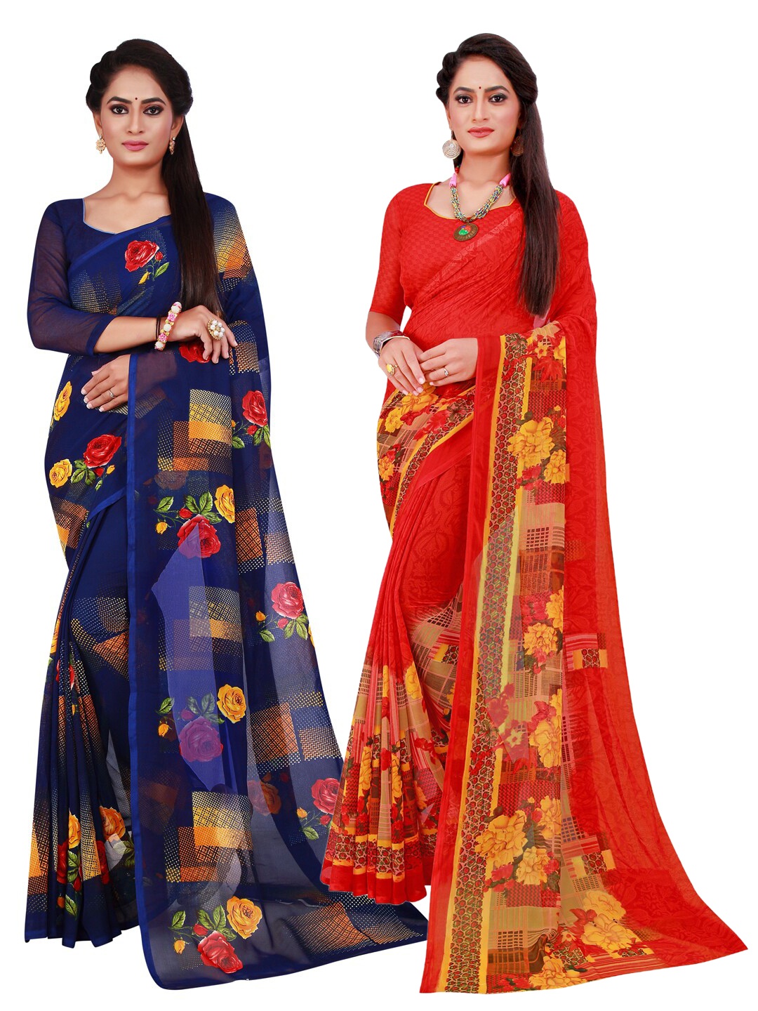 

KALINI Women Pack of 2 Navy Blue & Red Floral Pure Georgette Saree