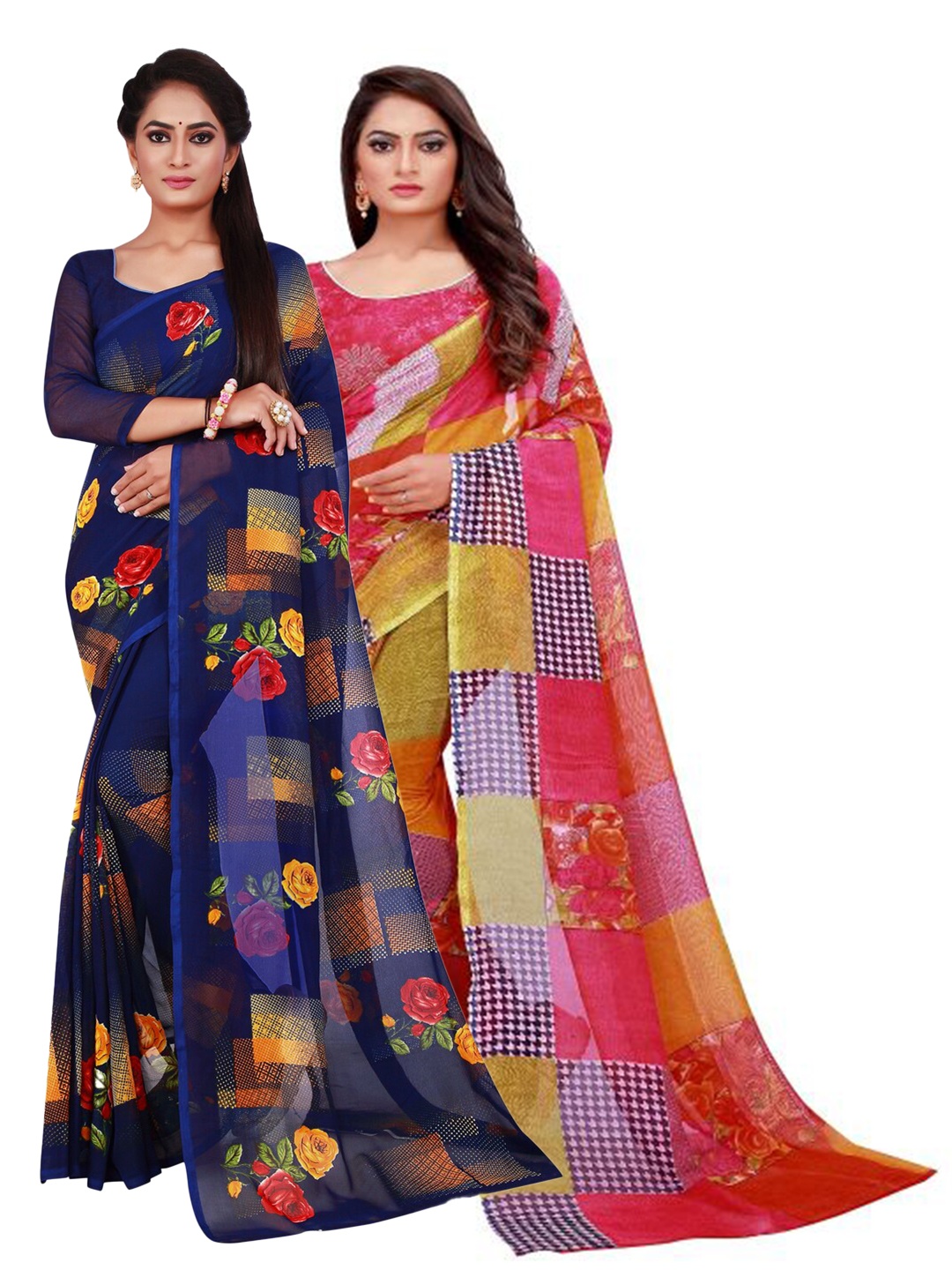 

KALINI Pack of 2 Red & Navy Blue Printed Saree