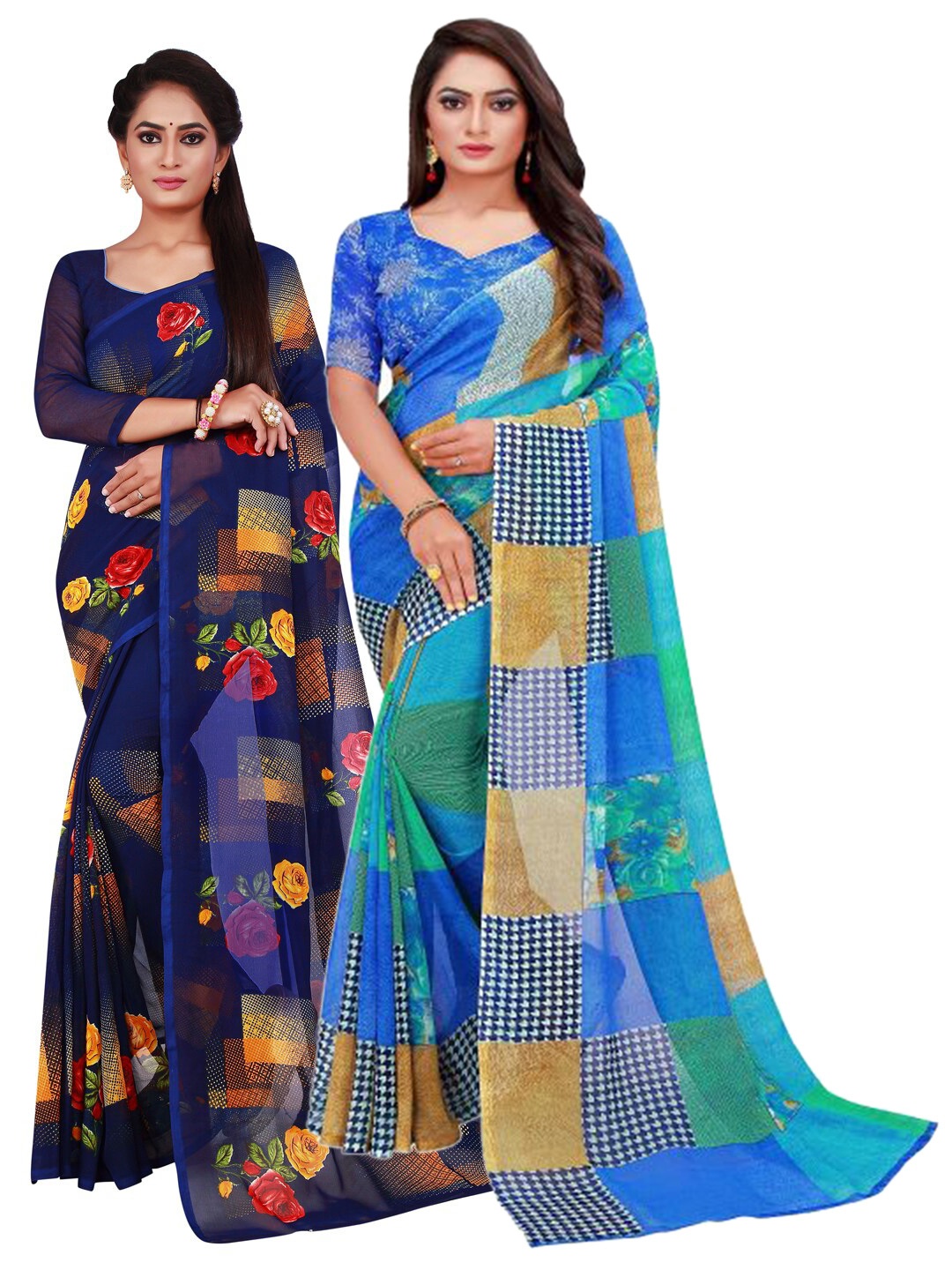 

KALINI Pack of 2 Floral Pure Georgette Saree, Blue