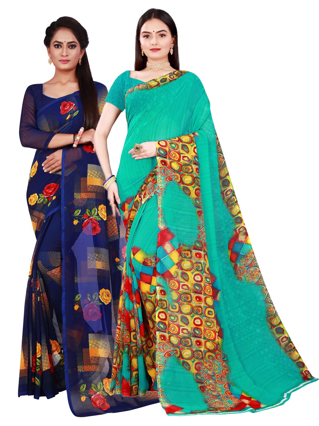 

KALINI Navy Pack Of 2 Blue & Sea Green Floral Pure Georgette Saree