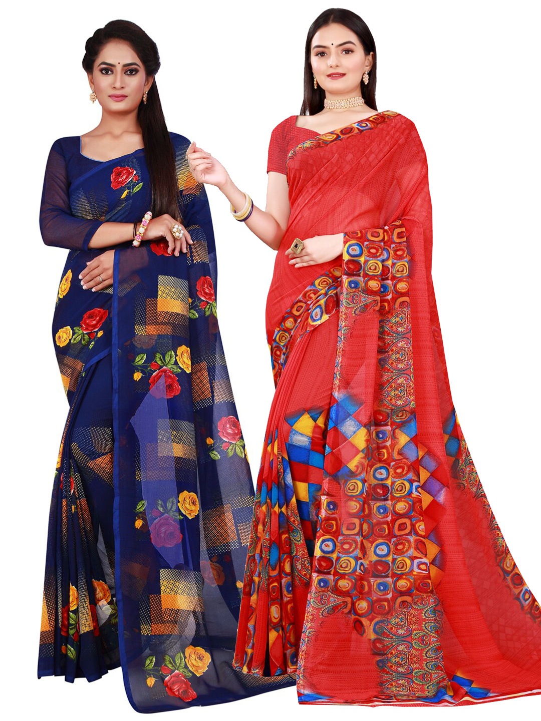 

KALINI Red & Blue Pure Georgette Saree