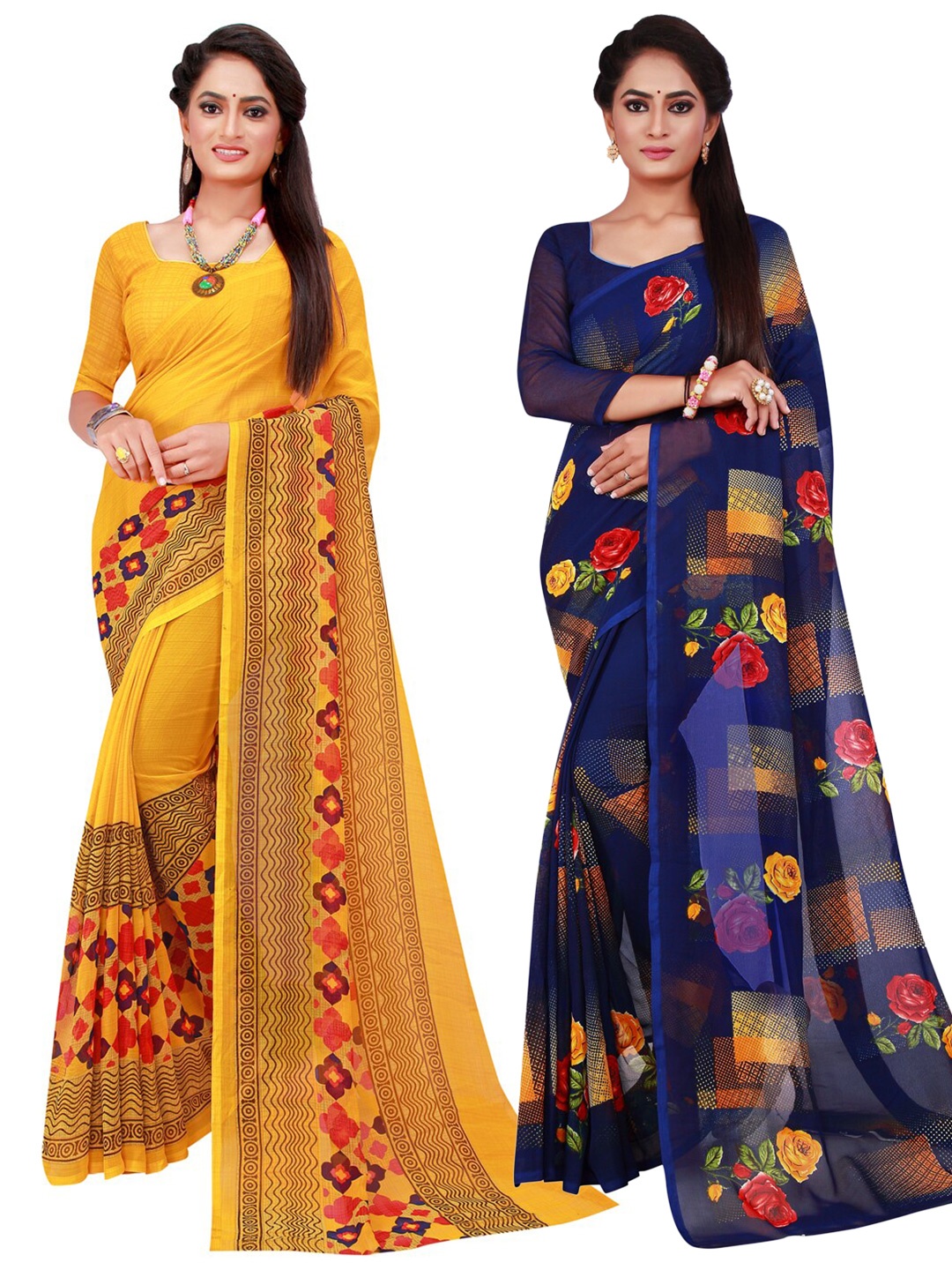 

KALINI Pack of 2 Printed Pure Georgette Sarees, Yellow