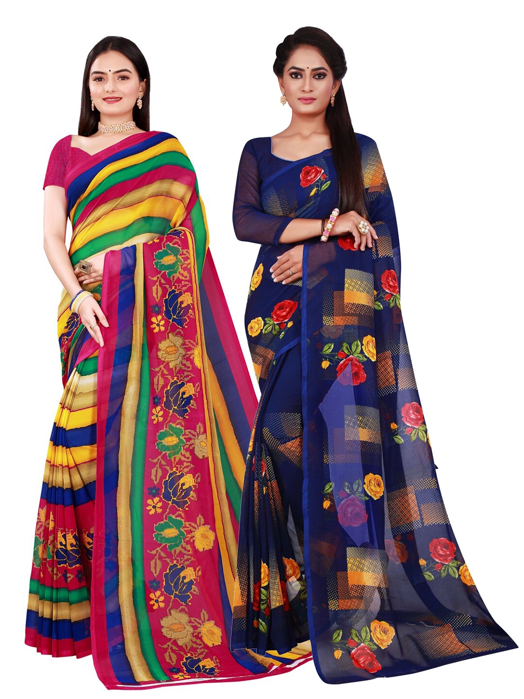 

KALINI Blue & Magenta Floral Pure Georgette Saree