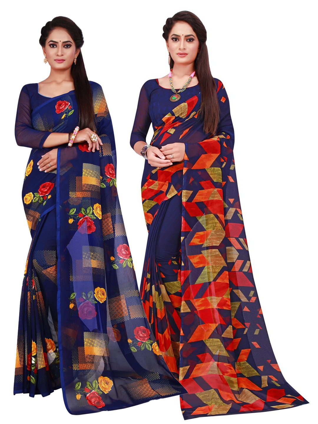 

KALINI Navy Blue & Red Pure Georgette Saree