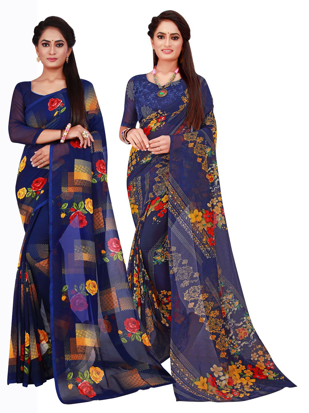 

KALINI Navy Blue & Red Floral Pack of 2 Pure Georgette Saree