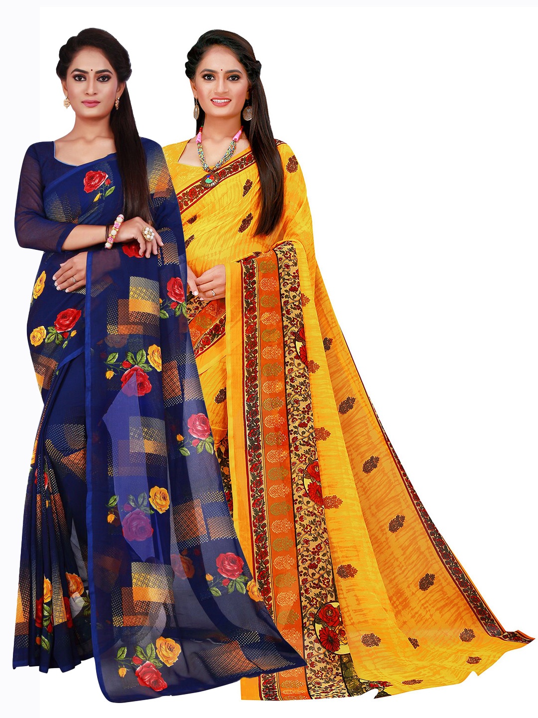 

KALINI Pack Of 2 Navy Blue & Yellow Pure Georgette Saree