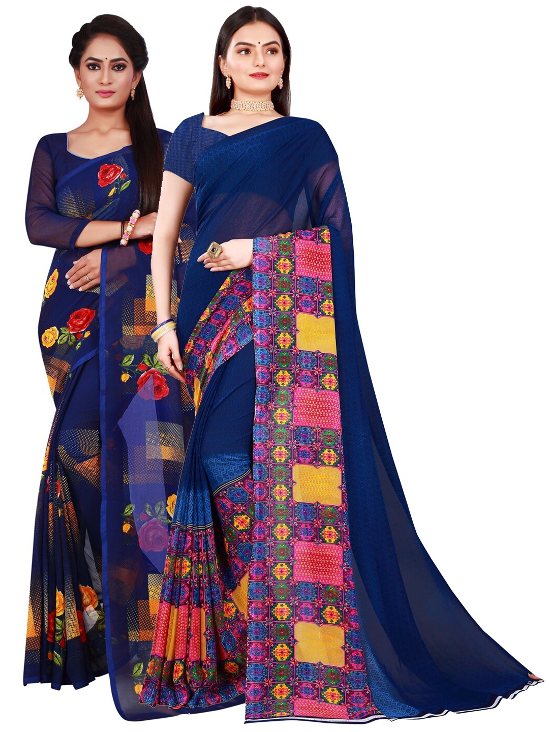 

KALINI Pack of 2 Printed Pure Georgette Sarees, Navy blue