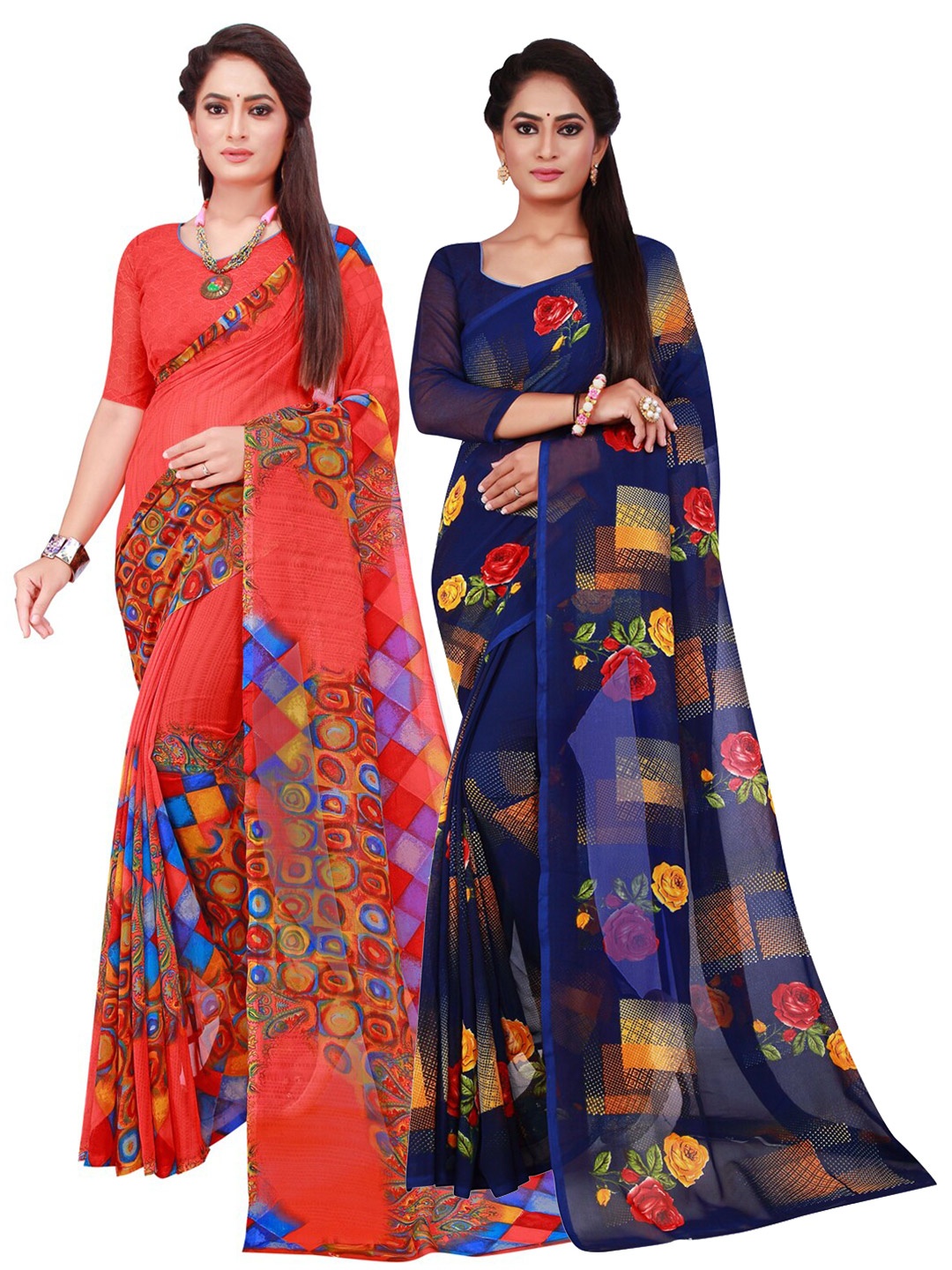 

KALINI Navy Blue & Orange Set of 2 Pure Georgette Saree