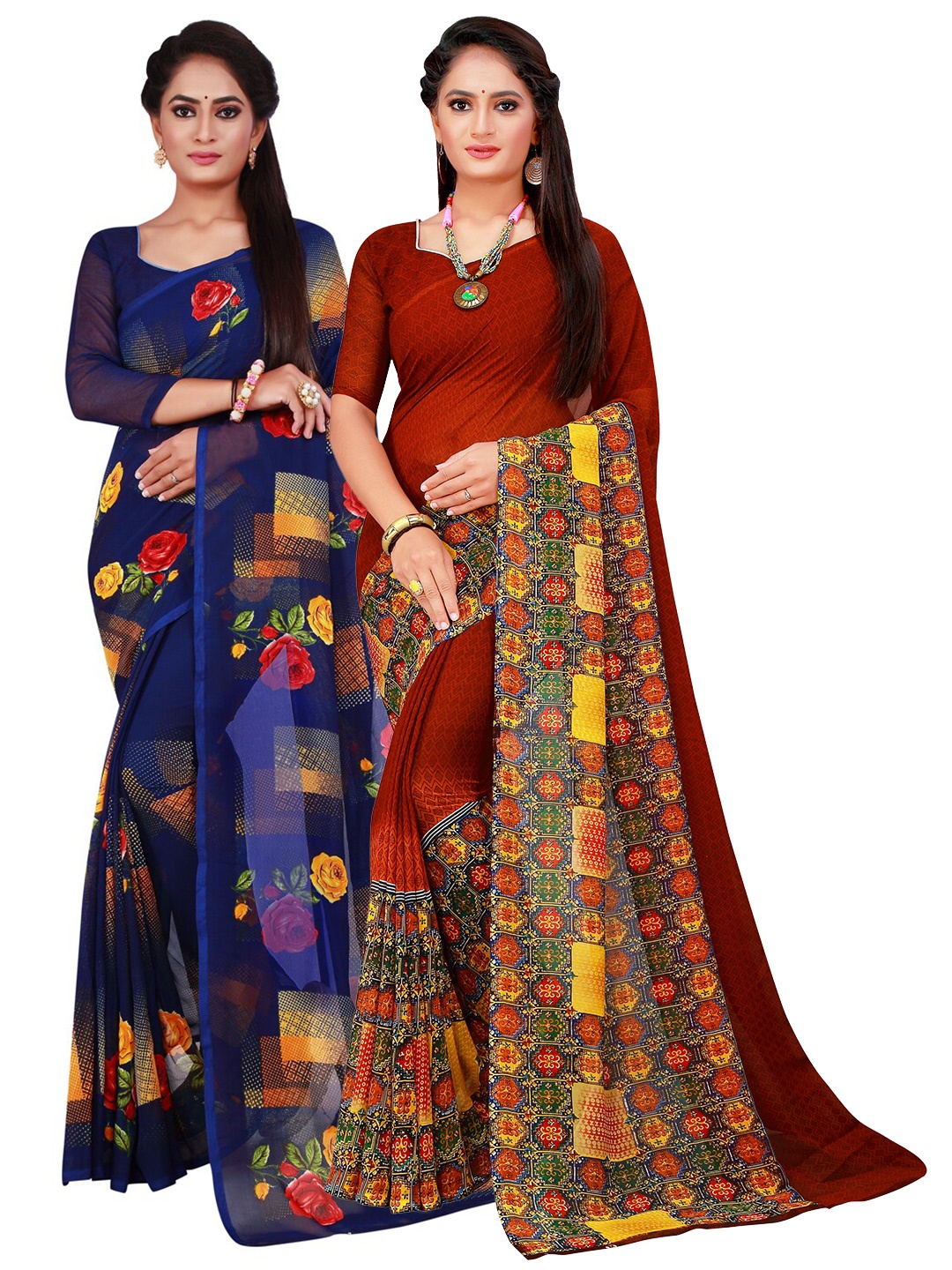 

KALINI Navy Blue & Maroon Pack of 2 Floral Pure Georgette Saree