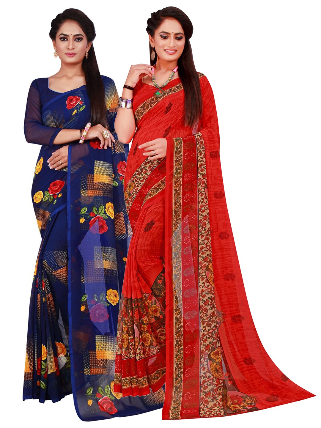 

KALINI Pack of 2 Navy Blue & Red Floral Printed Saree