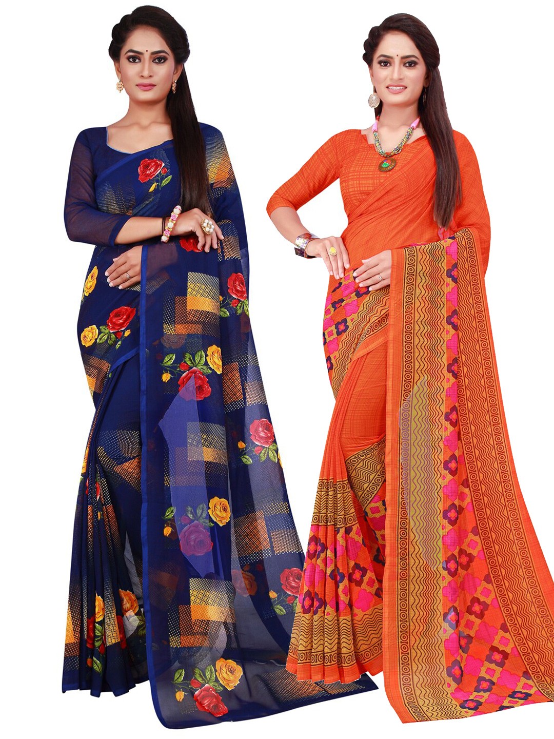 

KALINI Pack of 2 Floral Pure Georgette Saree, Orange