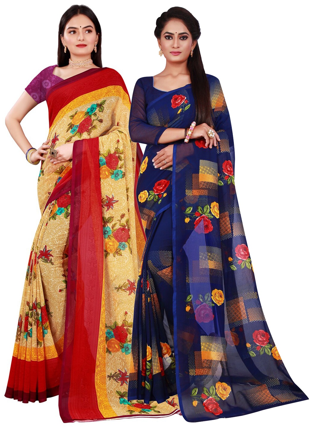 

KALINI Pack of 2 Beige & Navy Blue Floral Pure Georgette Saree