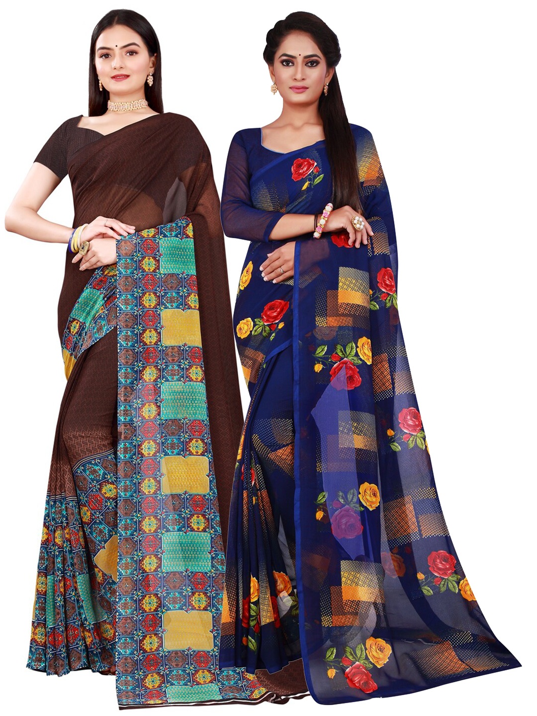 

KALINI Brown & Blue Set of 2 Pure Georgette Saree