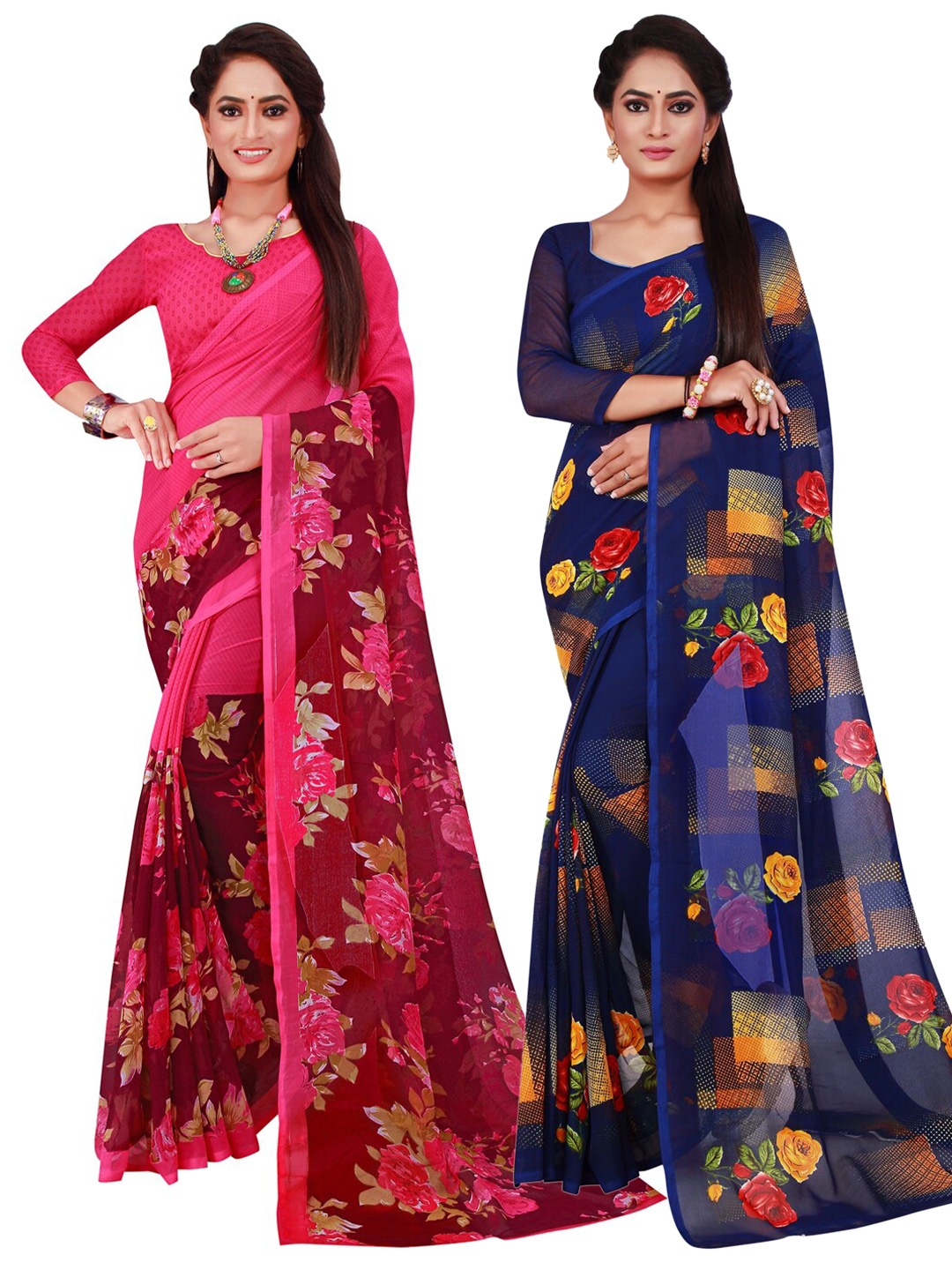 

KALINI Pack of 2 Pure Navy Blue & Pink Floral Pure Georgette Saree