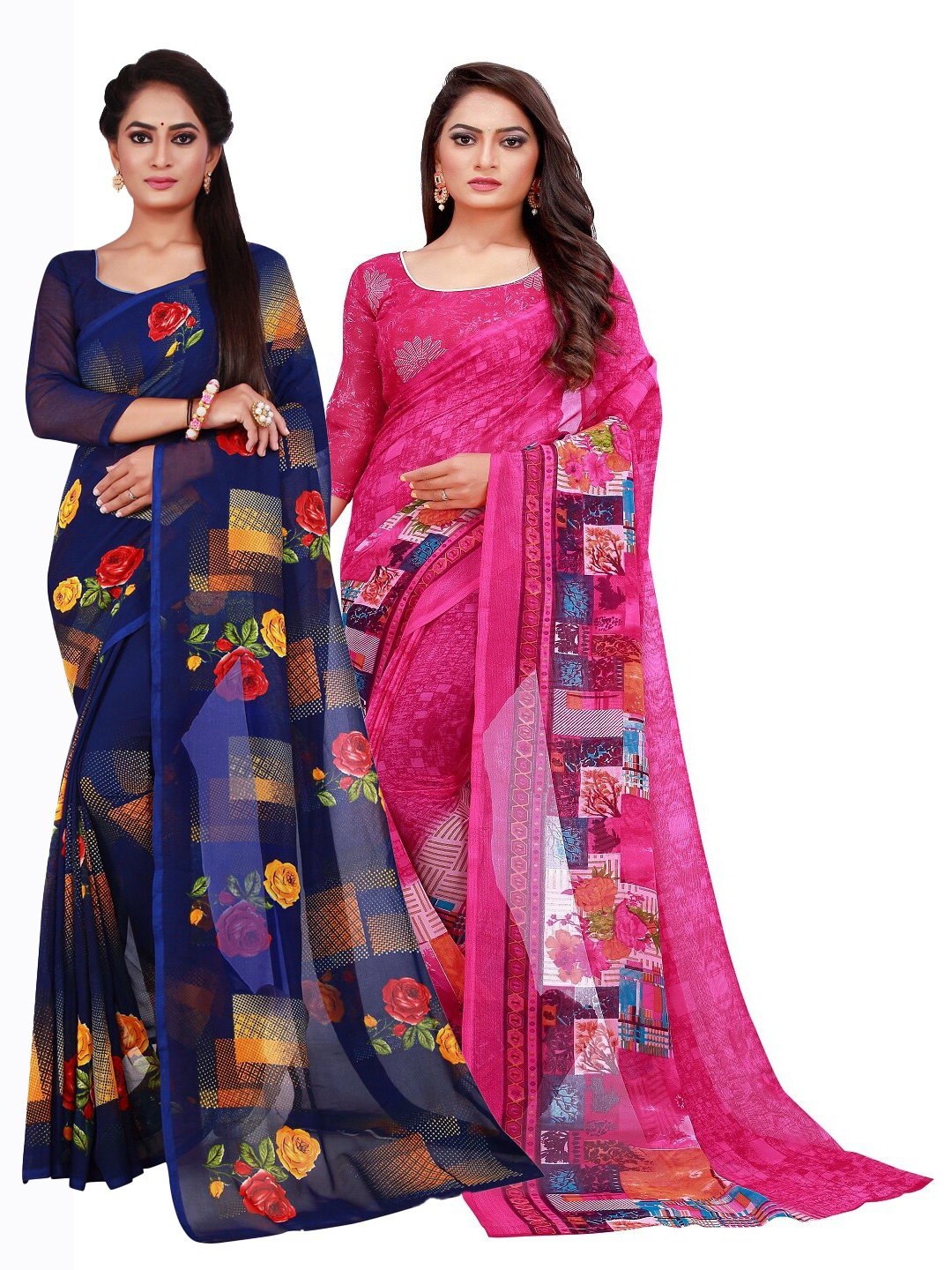 

KALINI Pack of 2 Magenta & Navy Blue Pure Georgette Saree