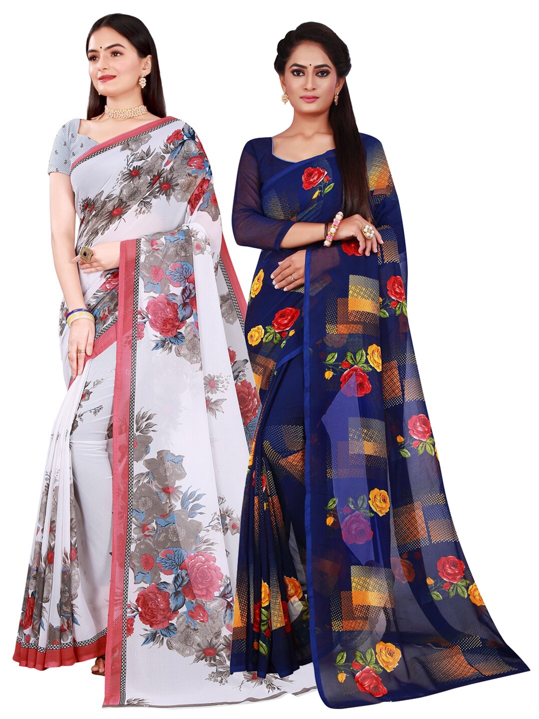 

KALINI Navy Blue & Grey Floral Pure Georgette Saree Pack Of 2 With Unstitched Blouse Piece