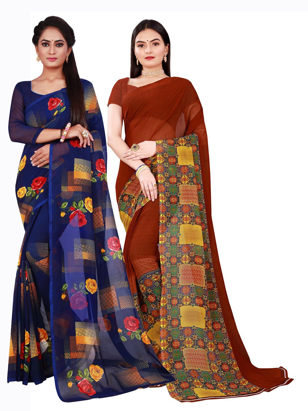 

KALINI Pack of 2 Navy Blue & Maroon Floral Saree