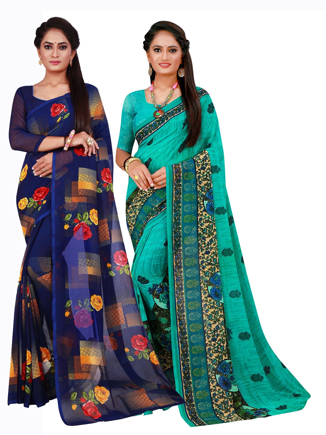 

KALINI Navy Blue & Red Pack of 2 Pure Georgette Saree