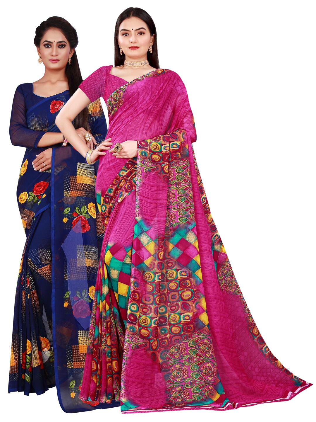 

KALINI Pack of 2 Floral Pure Georgette Saree, Magenta