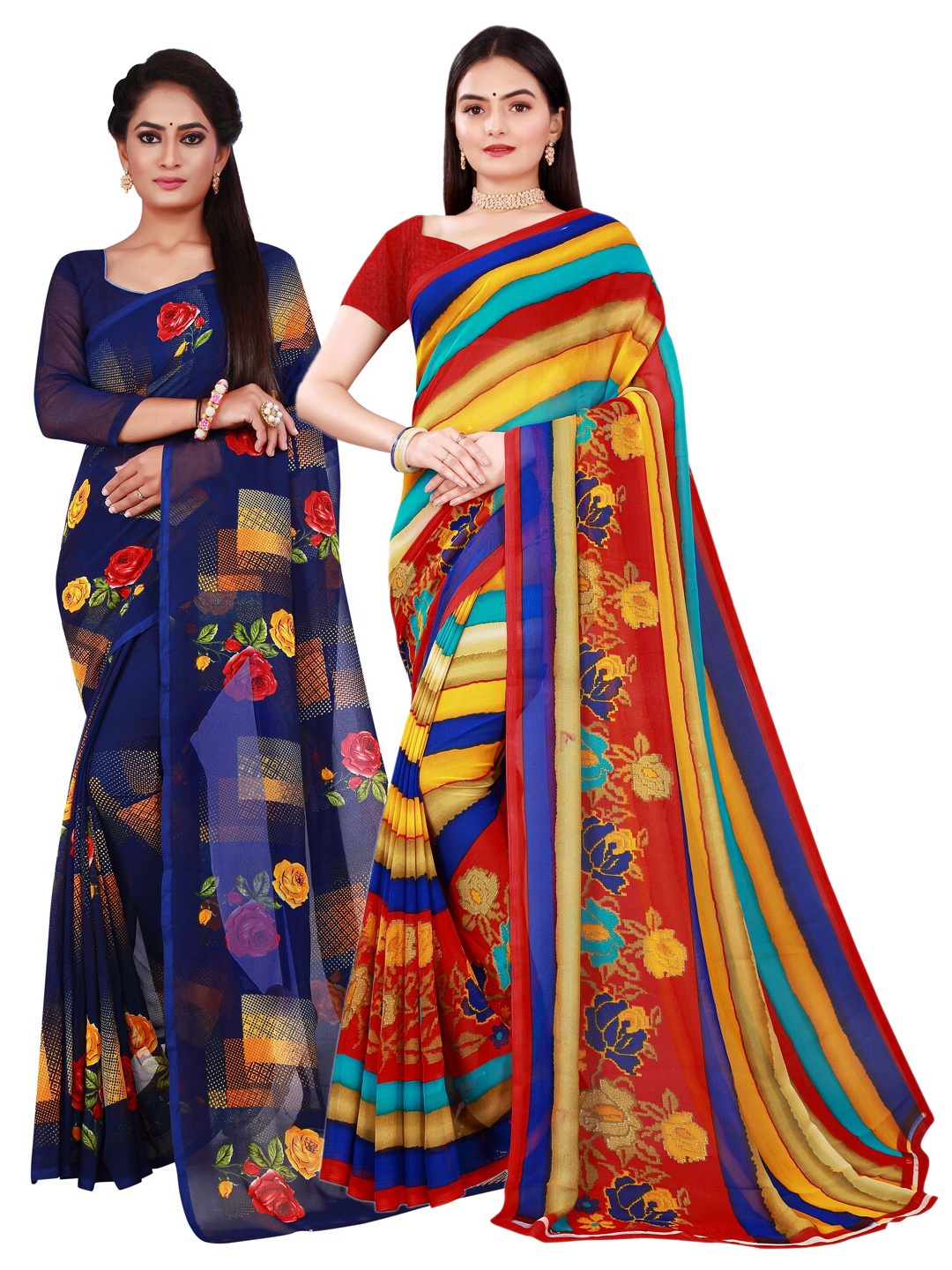 

KALINI Navy Blue & Red Striped Pure Georgette Saree