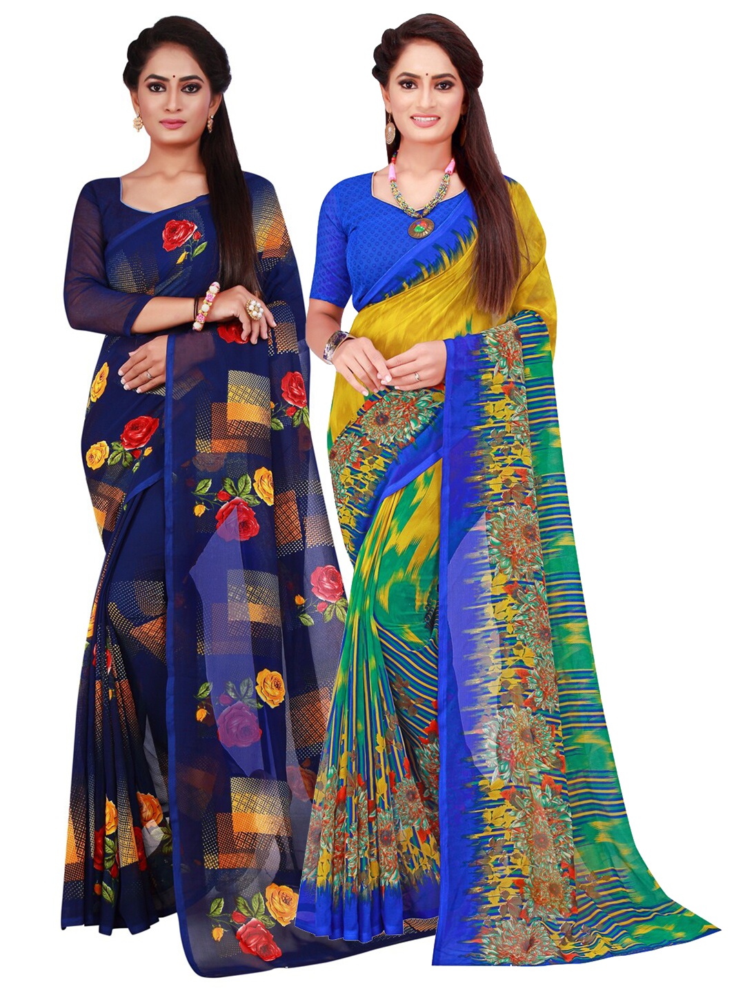 

KALINI Women Navy Blue & Yellow Floral Pure Georgette Saree Pack Of 2