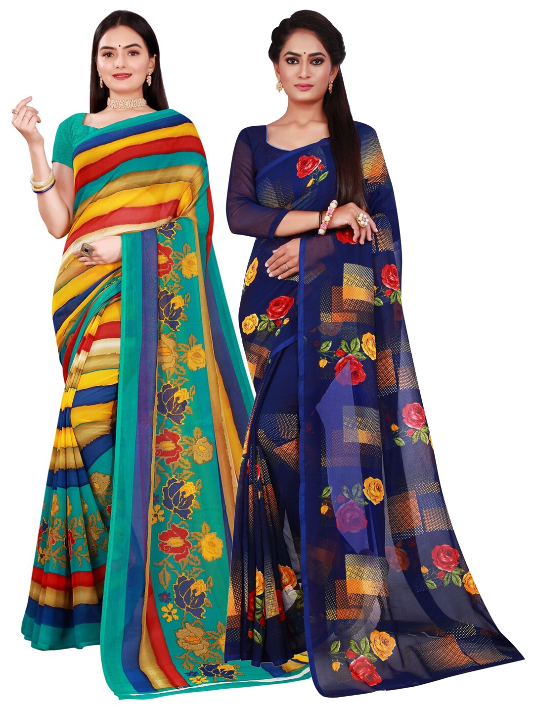 

KALINI Pack of 2 Blue & Yellow Floral Pure Georgette Saree