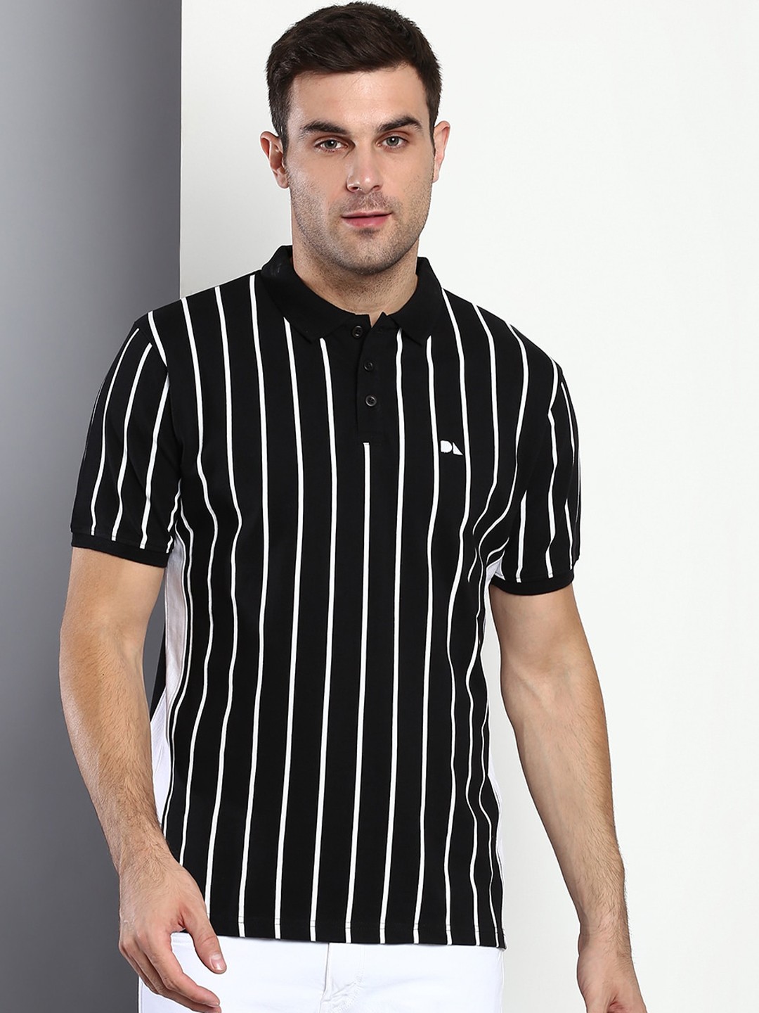 

Dennis Lingo Men Black & White Striped Polo Collar Slim Fit T-shirt