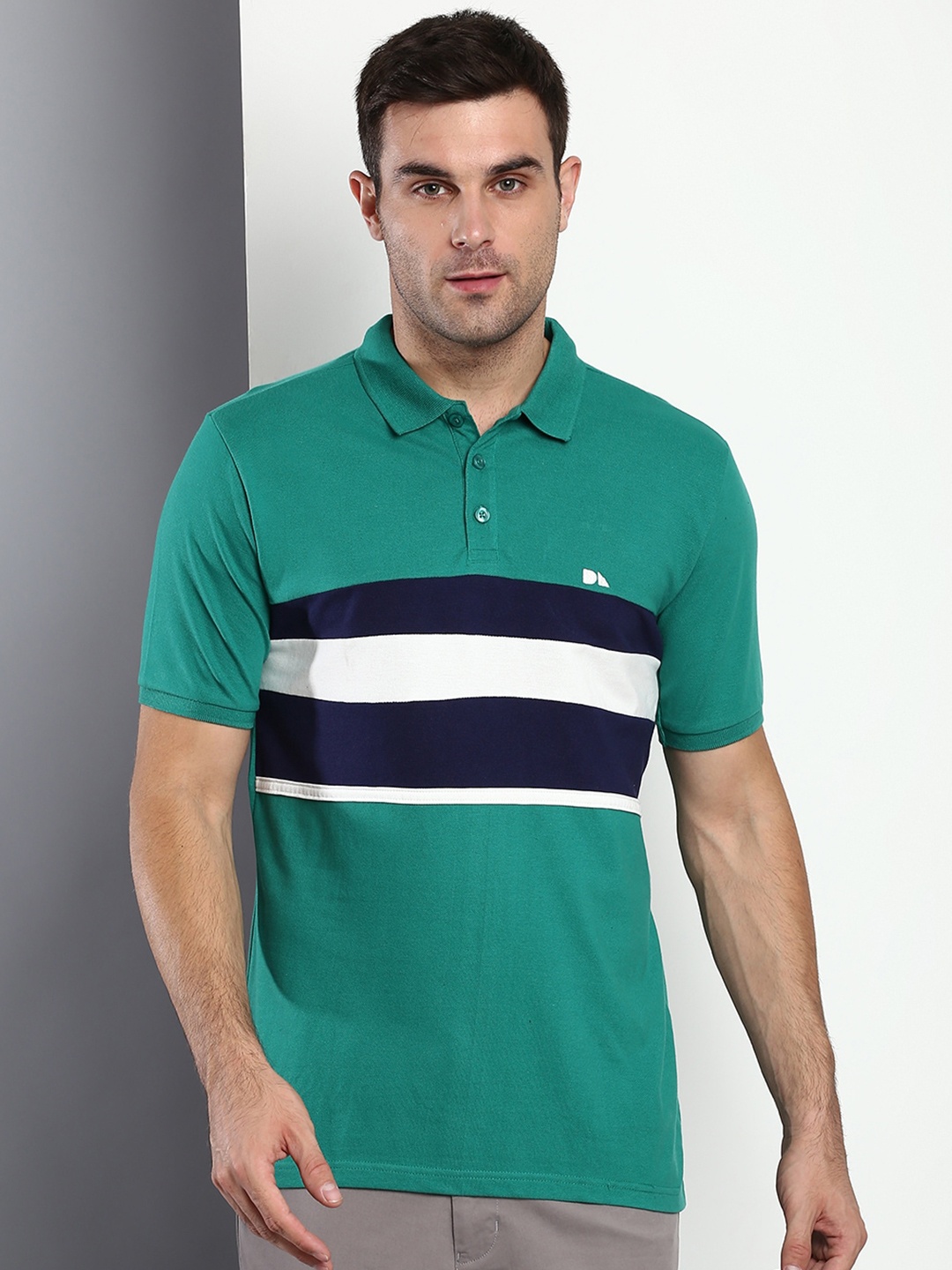 

Dennis Lingo Men Forest Green Striped Polo Collar Slim Fit T-shirt
