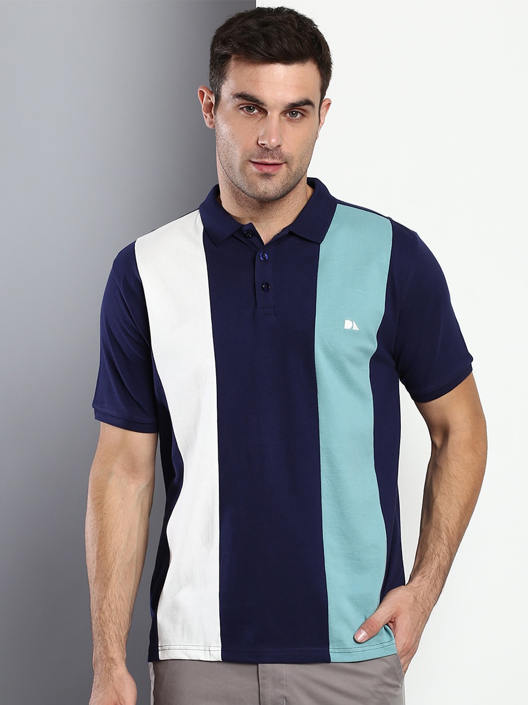 

Dennis Lingo Men Navy Blue Colourblocked Polo Collar Slim Fit T-shirt