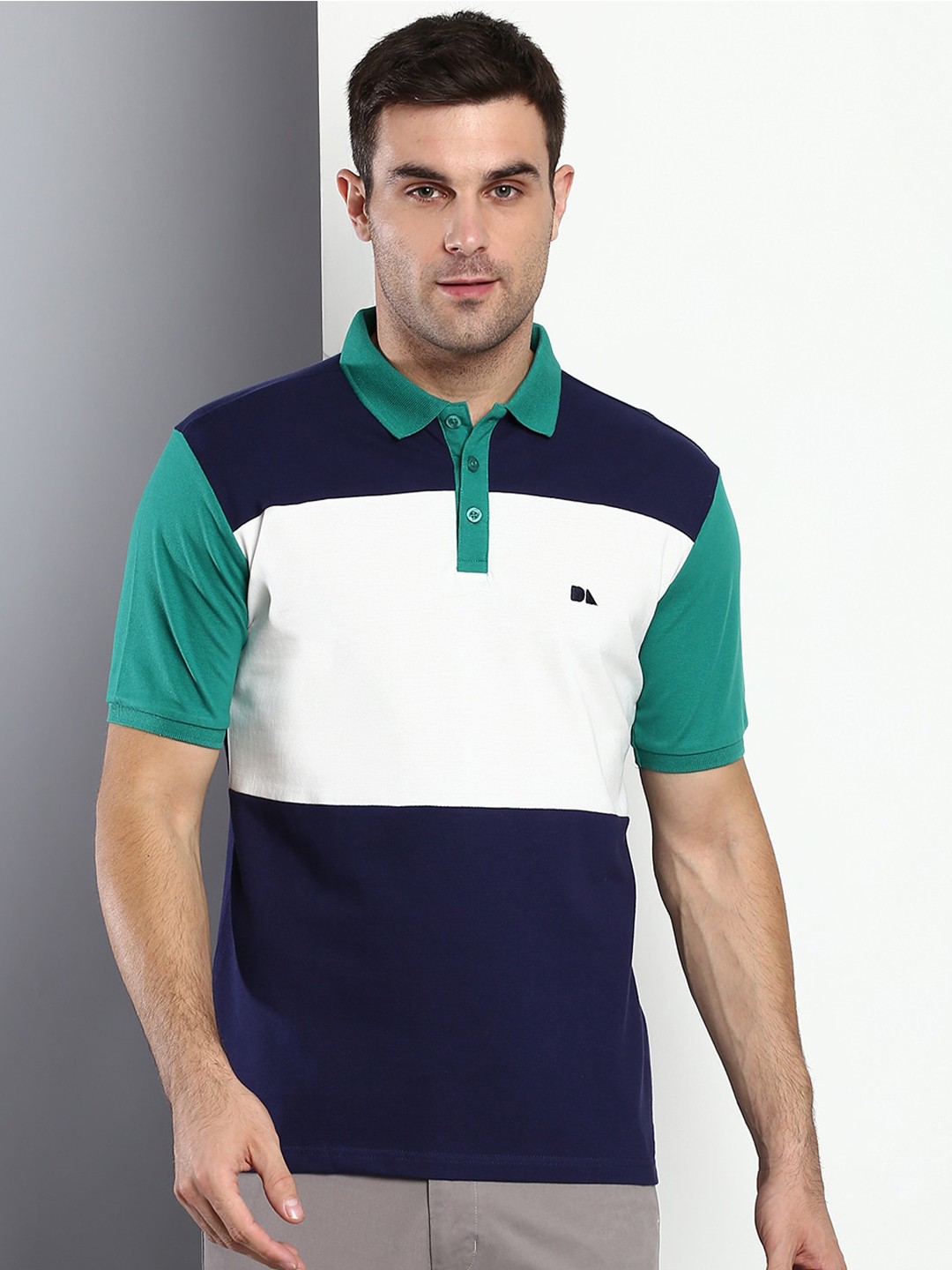 

Dennis Lingo Men Navy Blue & White Colourblocked Polo Collar Slim Fit Pure Cotton T-shirt