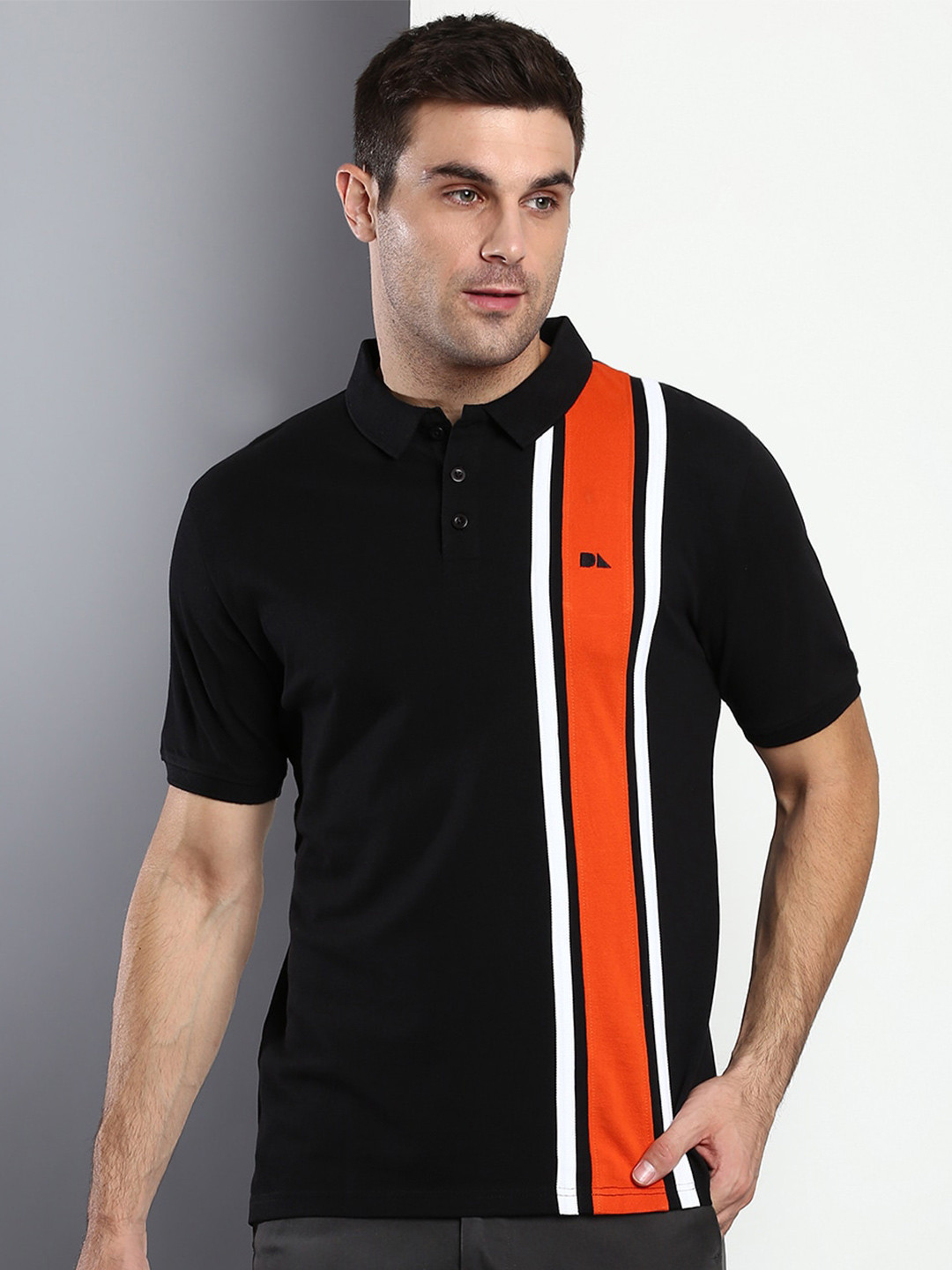 

Dennis Lingo Men Black Striped Polo Collar Slim Fit T-shirt