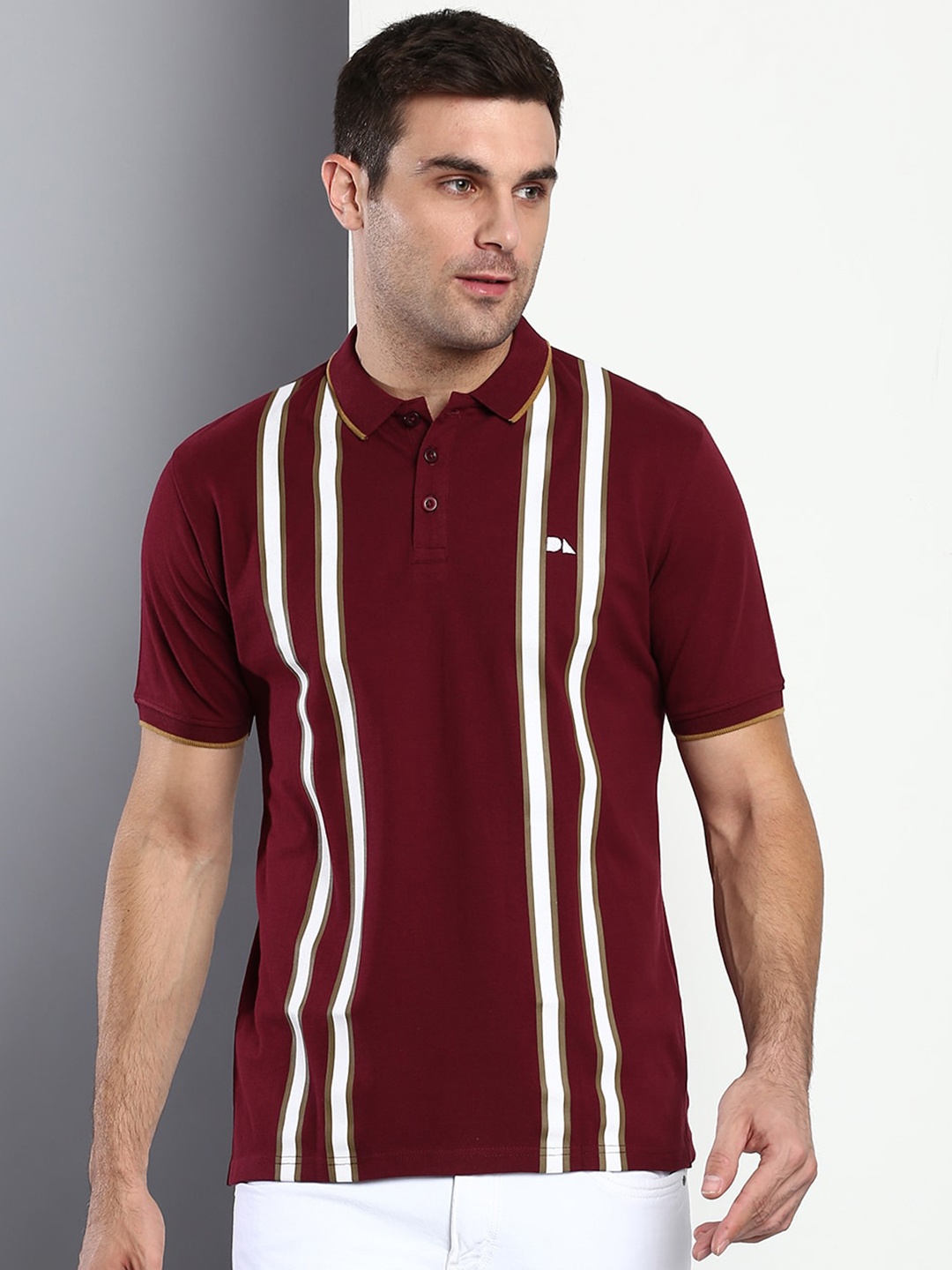 

Dennis Lingo Men Burgundy Striped Polo Collar Slim Fit T-shirt