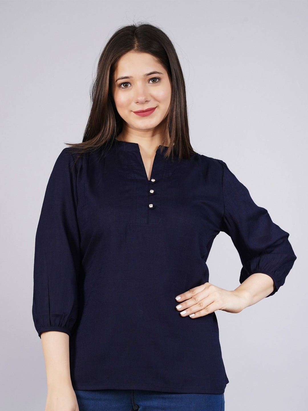 

NITVAN Navy Blue Mandarin Collar Top