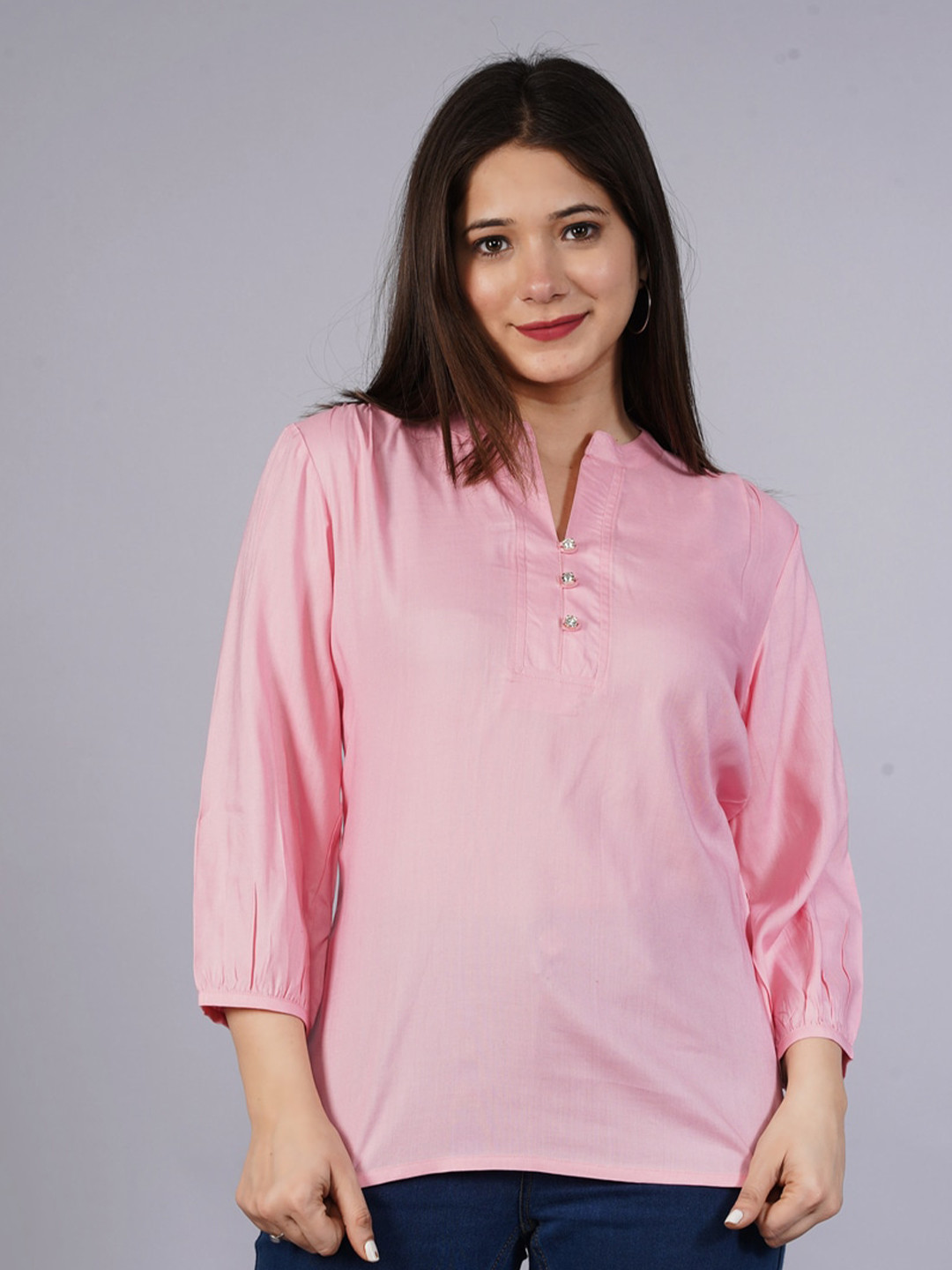 

NITVAN Pink Mandarin Collar Shirt Style Top
