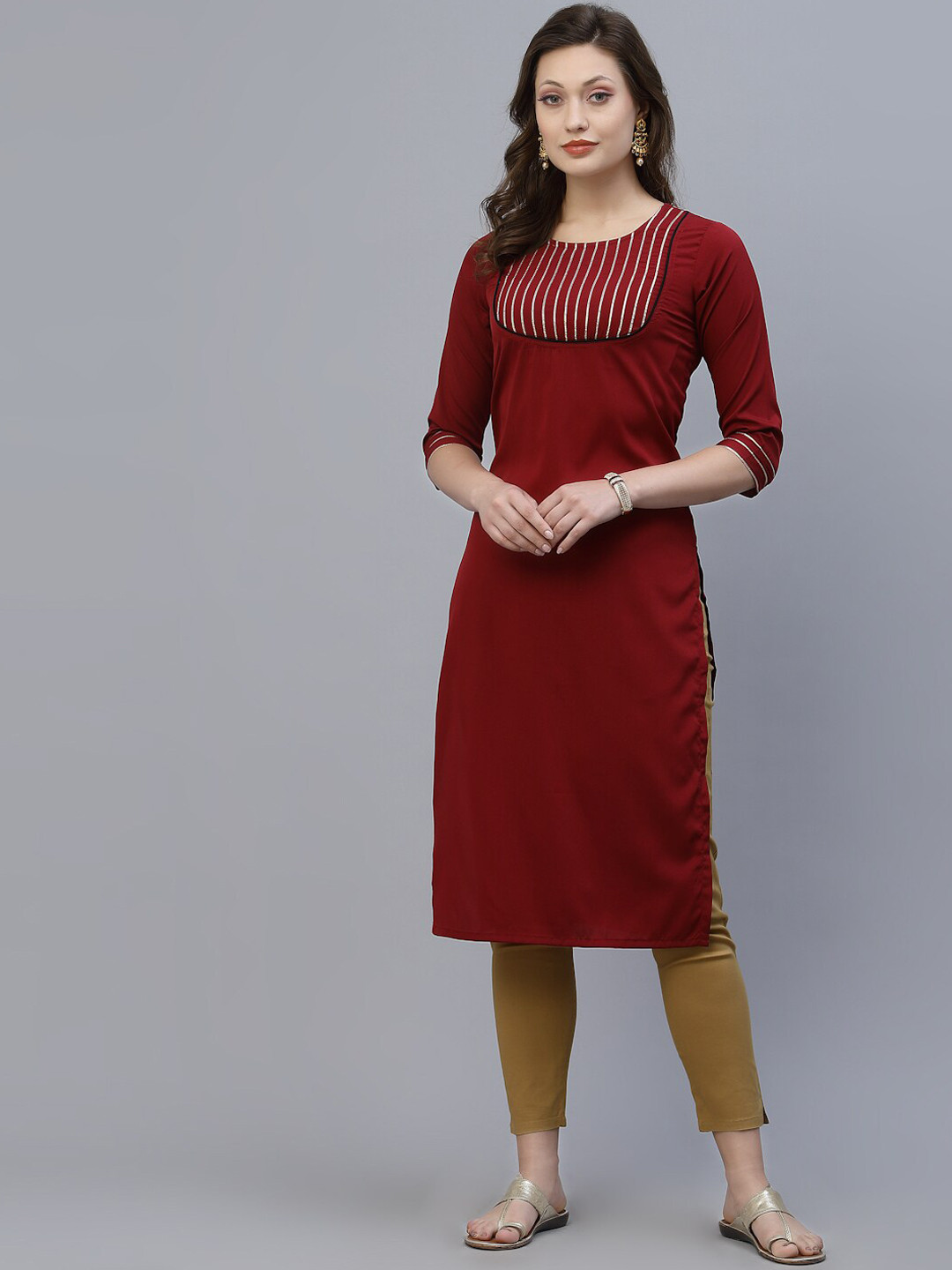 

SANISA Women Maroon Striped Yoke Design Straight Kurta