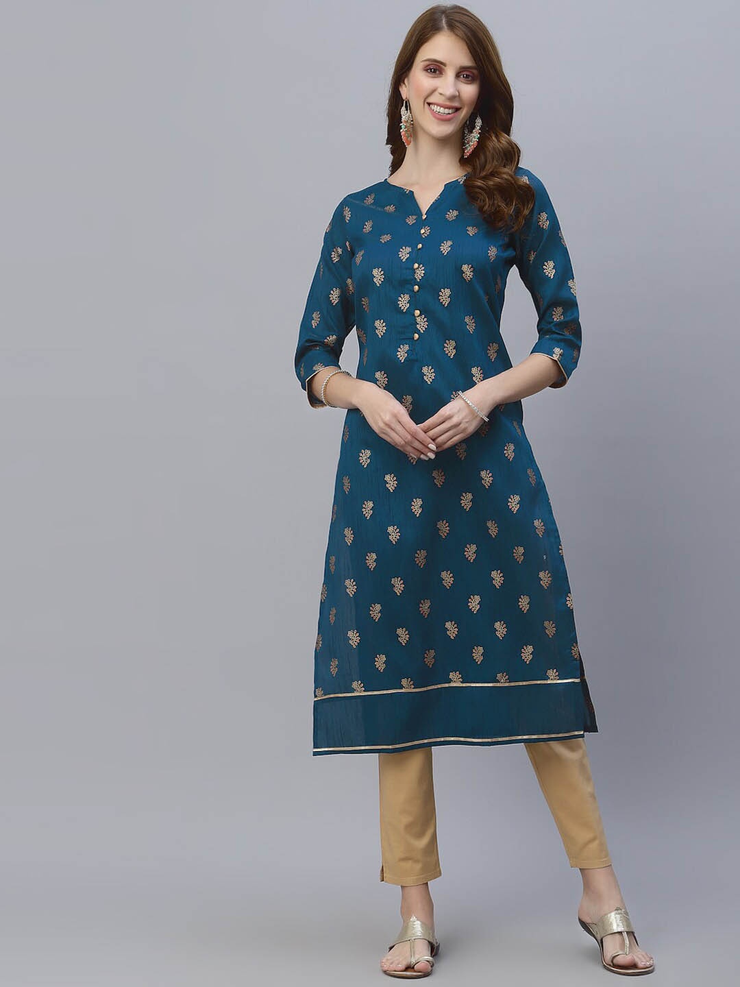 

SANISA Women Teal Foil Printed Indigo Straight Kurta