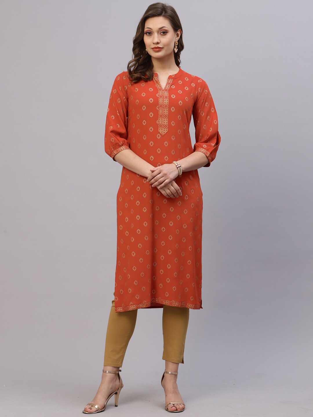 

SANISA Women Rust Red Ethnic Motifs Foil Printed Straight Kurta