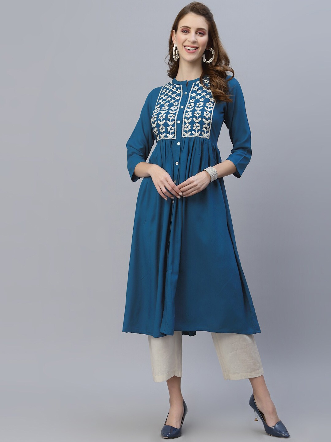 

SANISA Women Teal Embroidered Indigo Anarkali Kurta