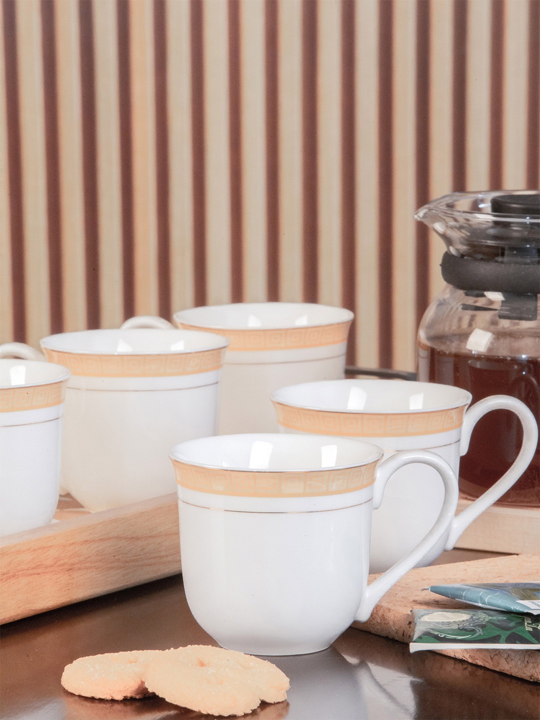 

White Gold Set of 6 White & Gold-Toned Printed Porcelain Glossy Cups