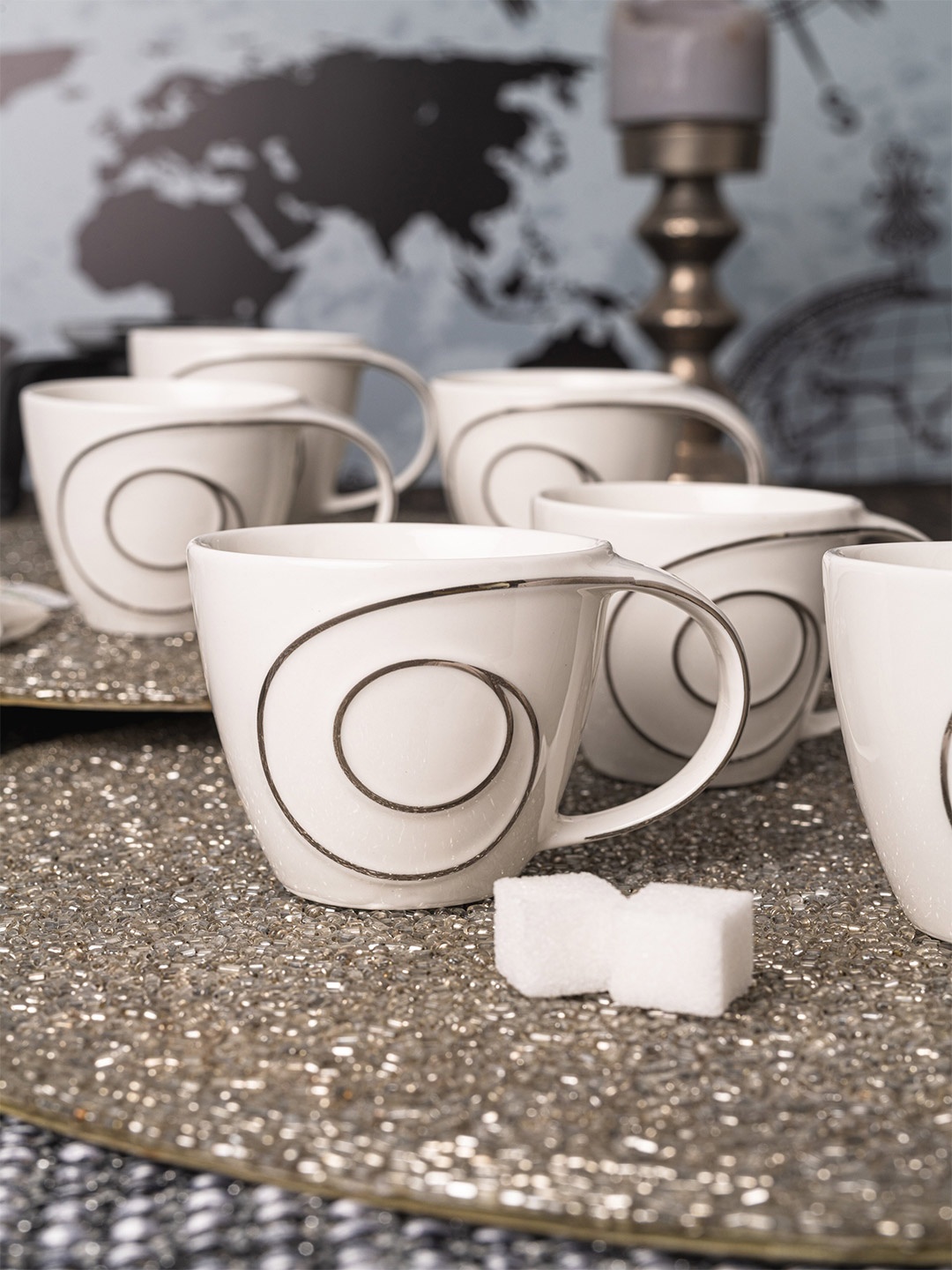 

White Gold Set of 6 Silver-Toned & White Printed Porcelain Glossy Cups