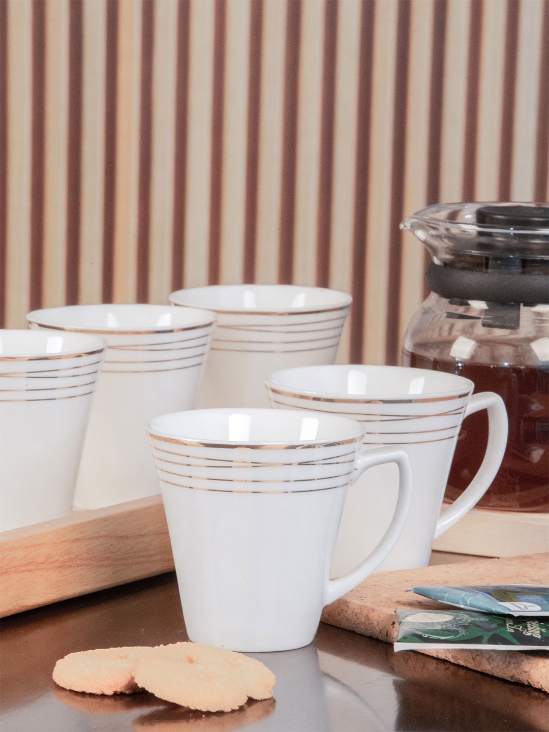 

White Set of 6 Gold White & Gold-Toned Floral Printed Porcelain Glossy Mugs