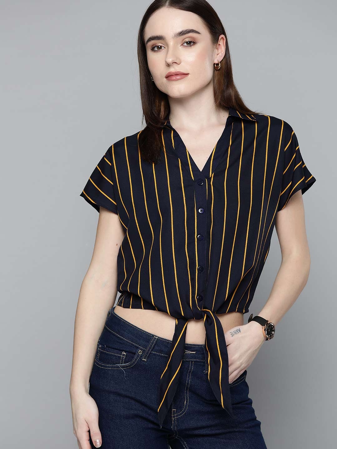 

Harvard Women Navy Blue & Mustard Yellow Striped Casual Shirt