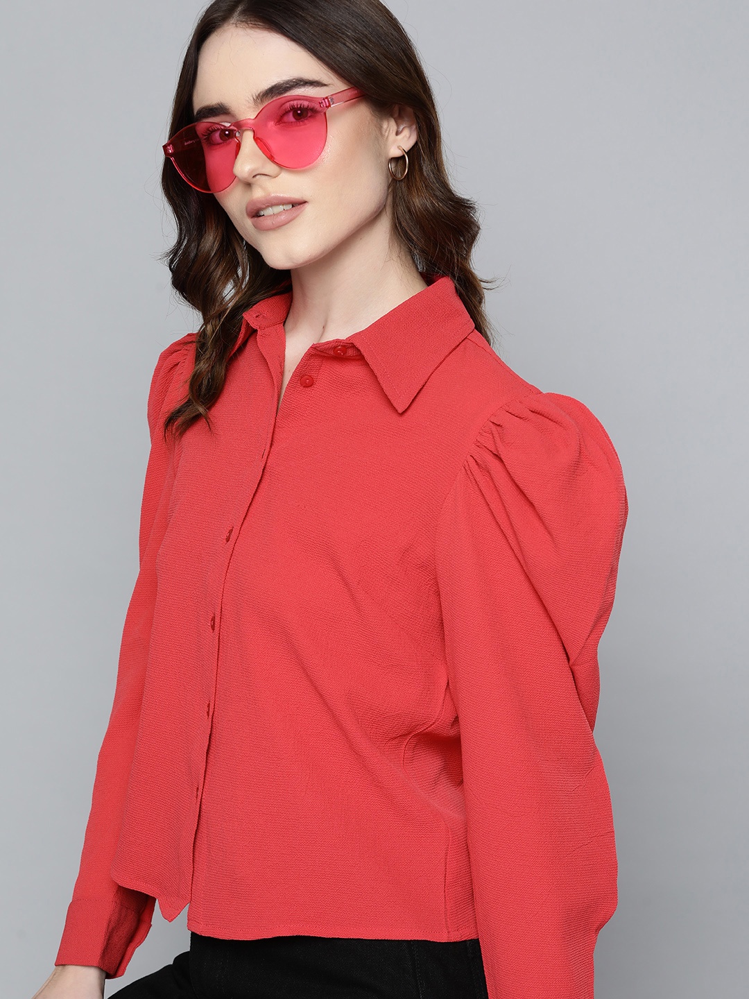 

Harvard Women Red Textured Puff Sleeves Casual Shirt