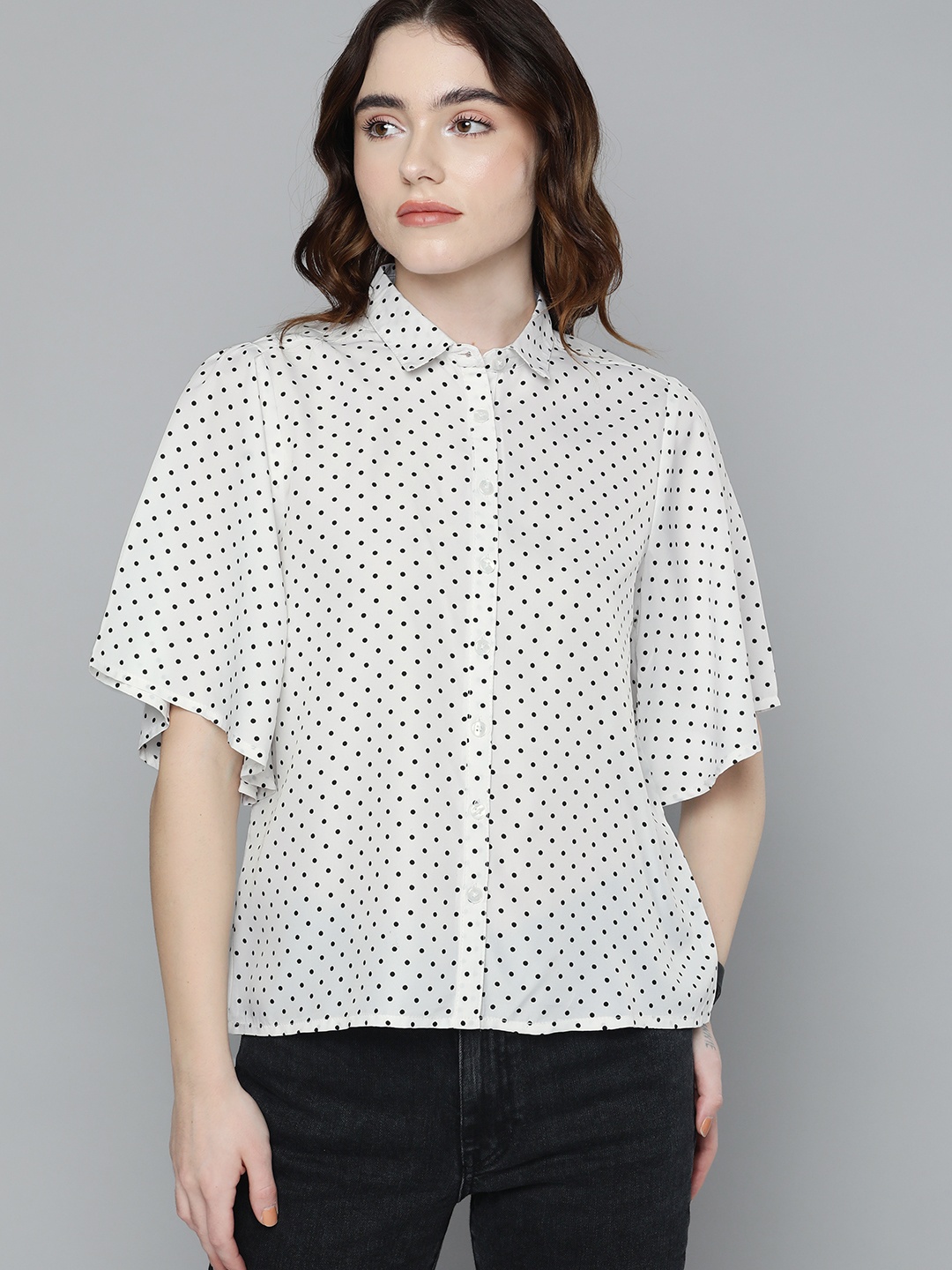 

Harvard Women White & Black Polka Dots Printed Casual Shirt