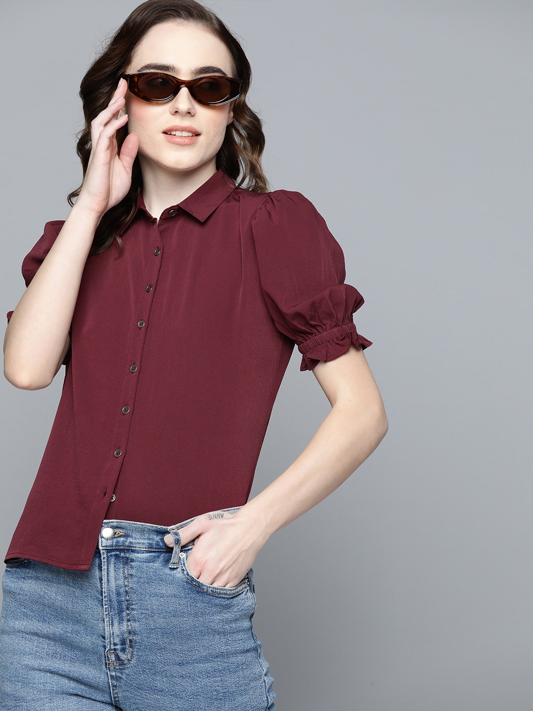 Harvard Women Maroon Spread Collar Casual Shirt