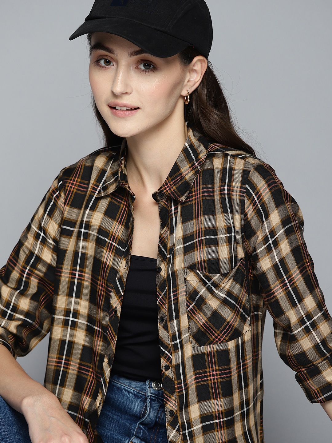 

Harvard Women Black & Beige Tartan Checked Casual Shirt