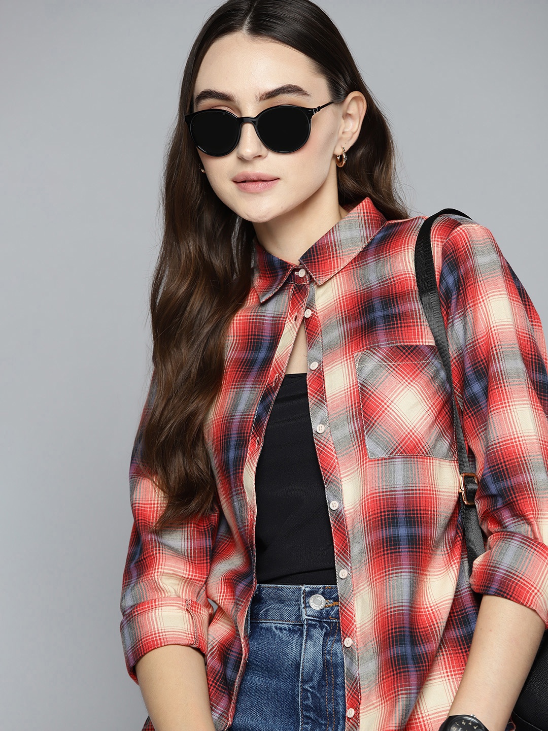 

Harvard Women Beige & Red Tartan Checked Casual Shirt