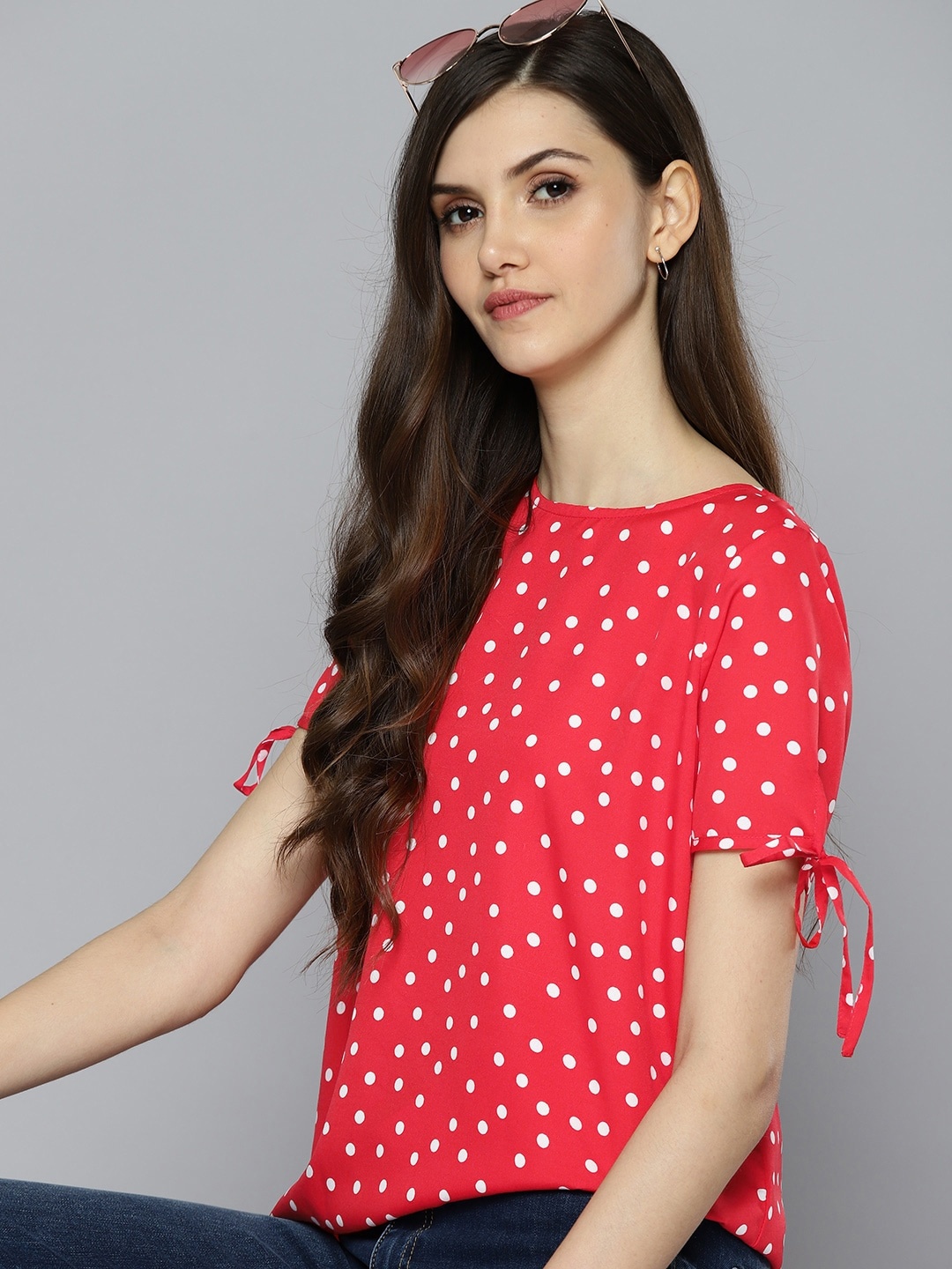 

Harvard Red & White Polka Dots Print Top